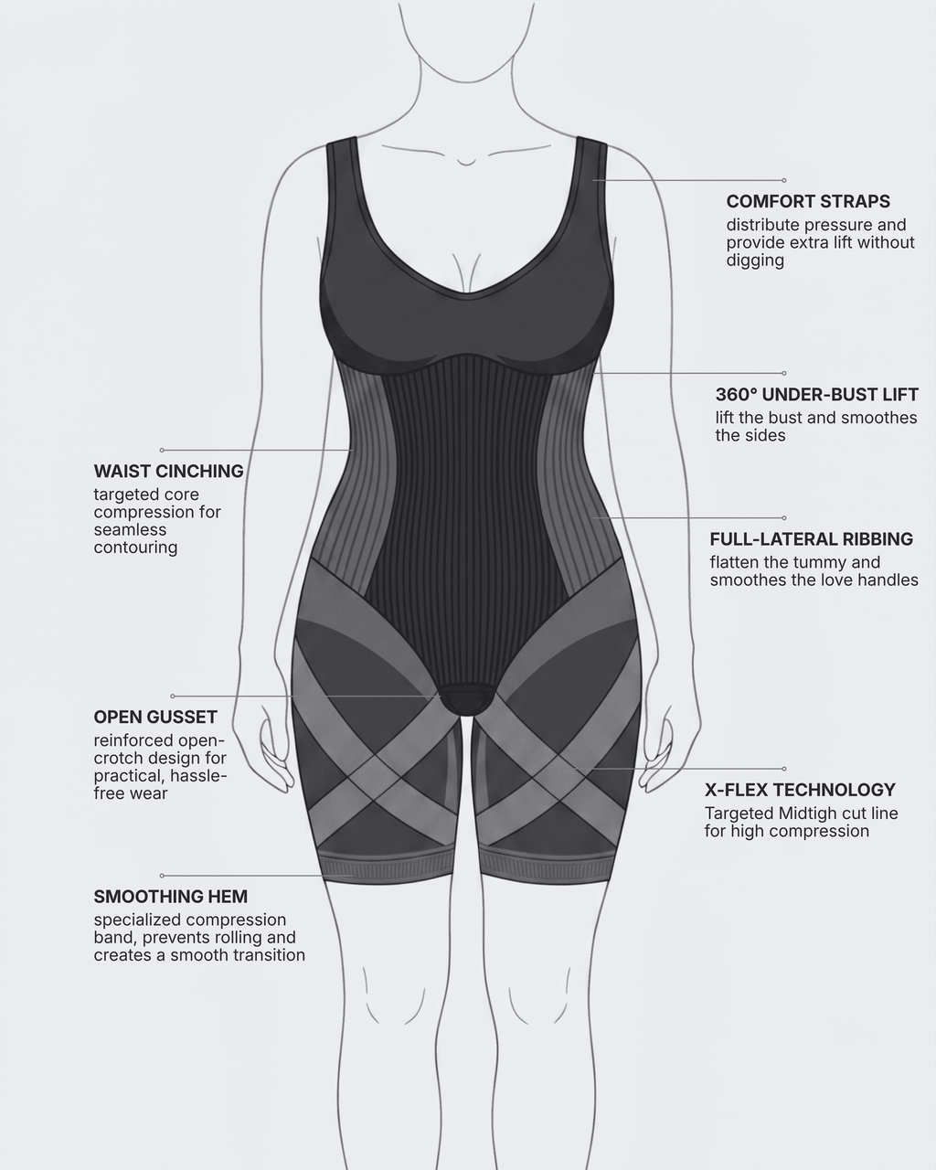 X-Flex Wide Strap Mid Thigh Full Body Shaper Open Crotch Black