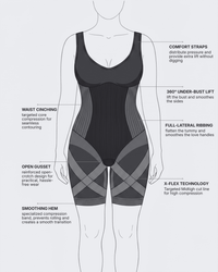 X-Flex Wide Strap Mid Thigh Full Body Shaper Open Crotch Black