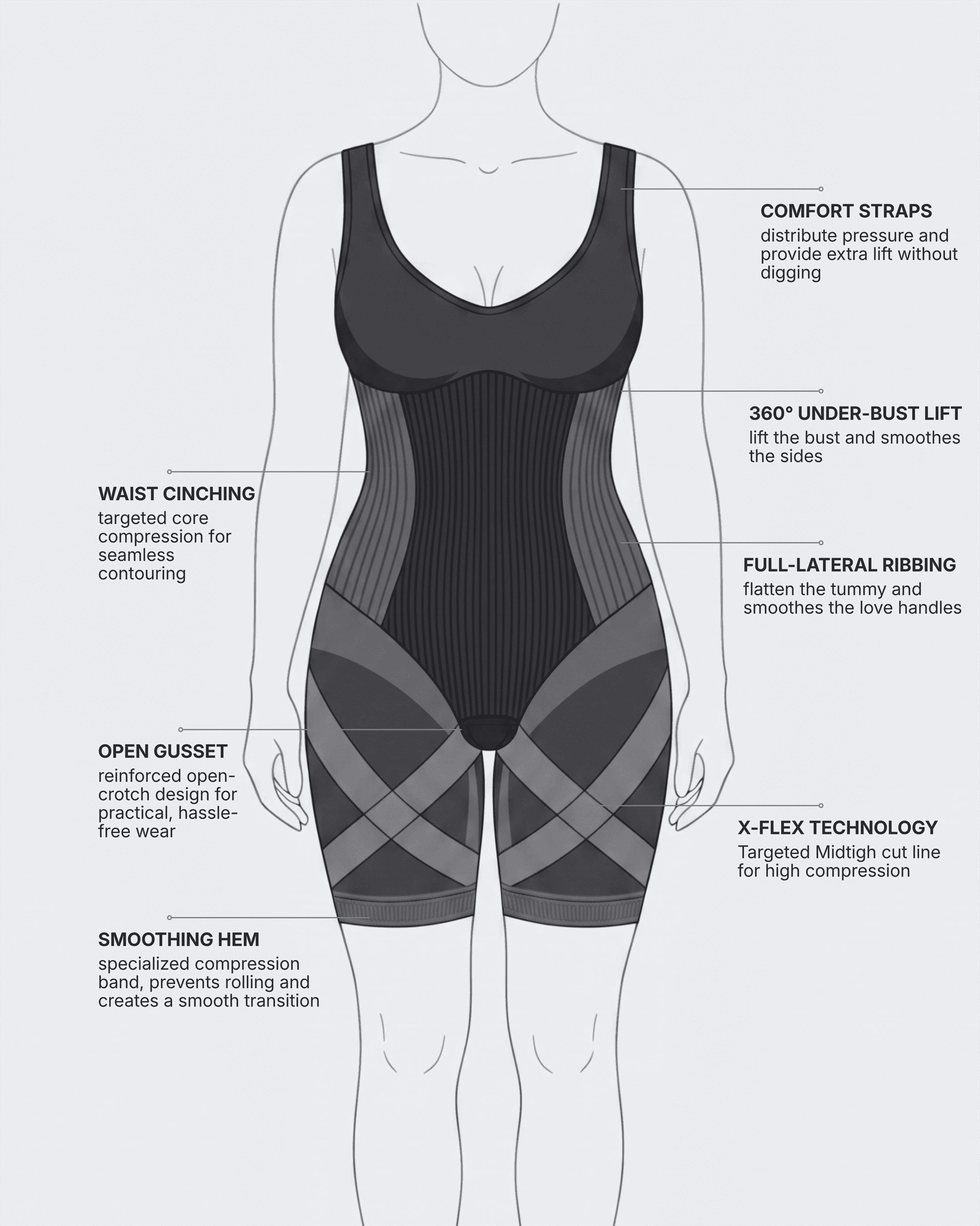 X-Flex Wide Strap Mid Thigh Full Body Shaper Open Crotch Black