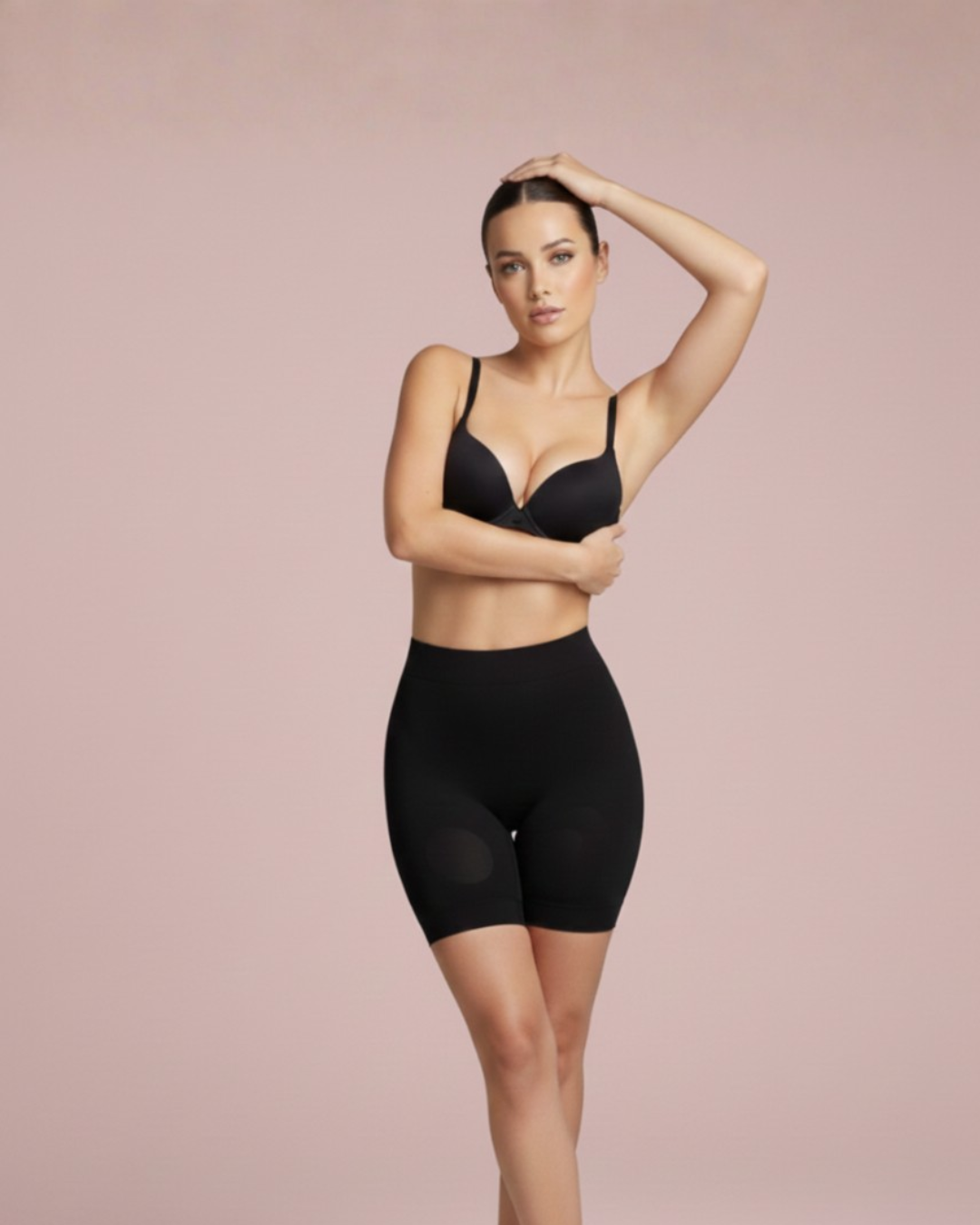 Sleek Waist, Smooth Thighs ||| High-rise black shaper hugs the waist, hips, and thighs for a clean, sculpted outline. Minimal seams keep it invisible even under clingy fabrics.