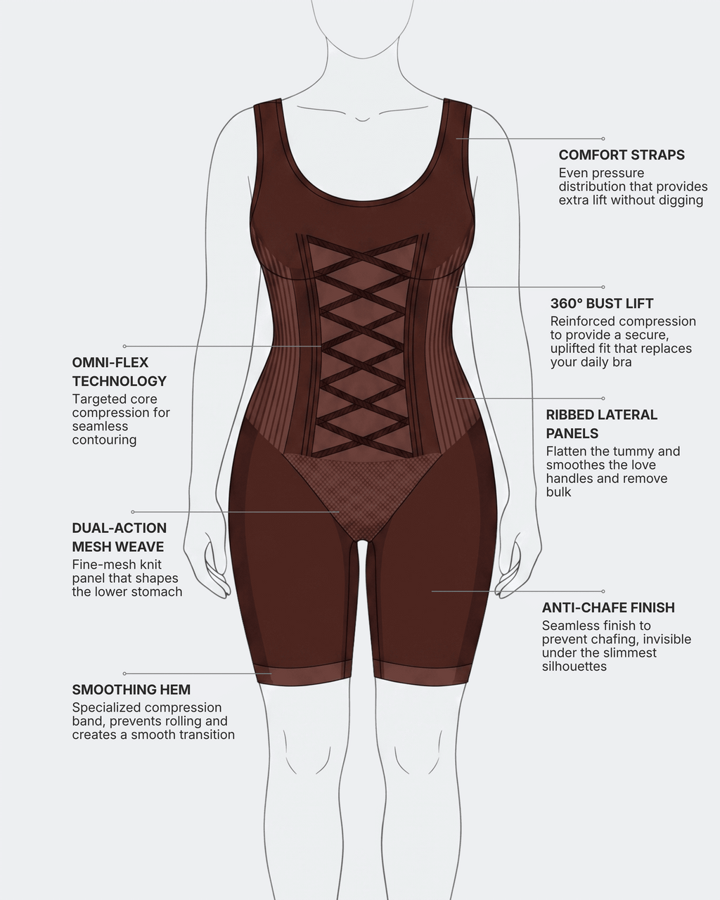 Omni-Flex Wide Strap Mid Thigh Full Body Shaper Brown