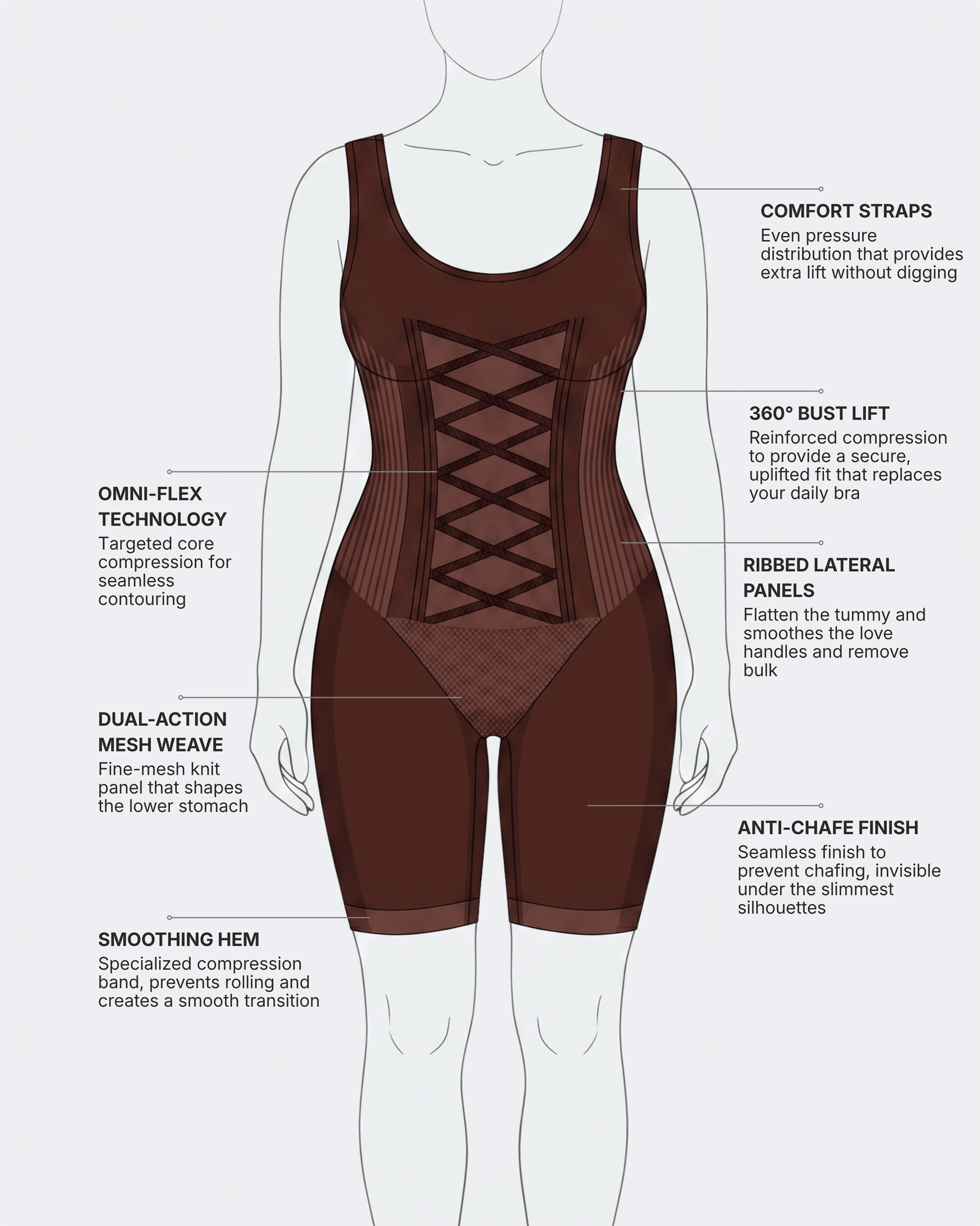 Omni-Flex Wide Strap Mid Thigh Full Body Shaper Brown
