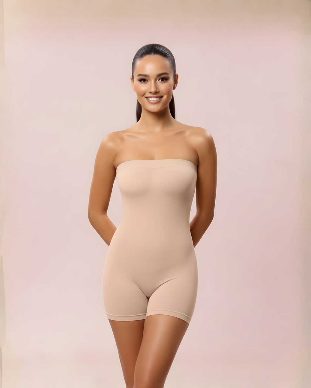 Neckline-ready bodysuit ||| Clean, straight bandeau top that keeps the upper body bare while shaping from bust to mid-thigh.
