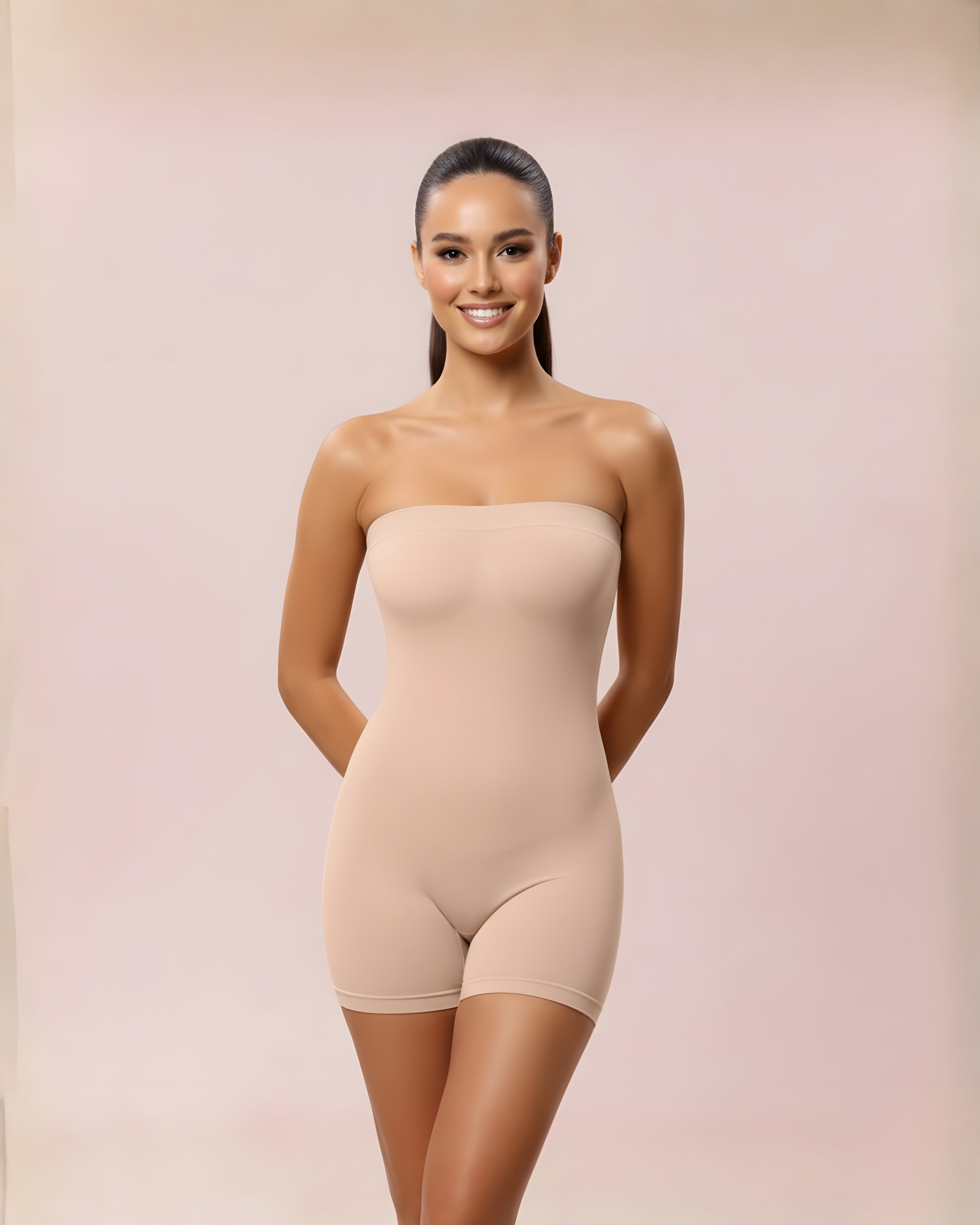 Neckline-ready bodysuit ||| Clean, straight bandeau top that keeps the upper body bare while shaping from bust to mid-thigh.