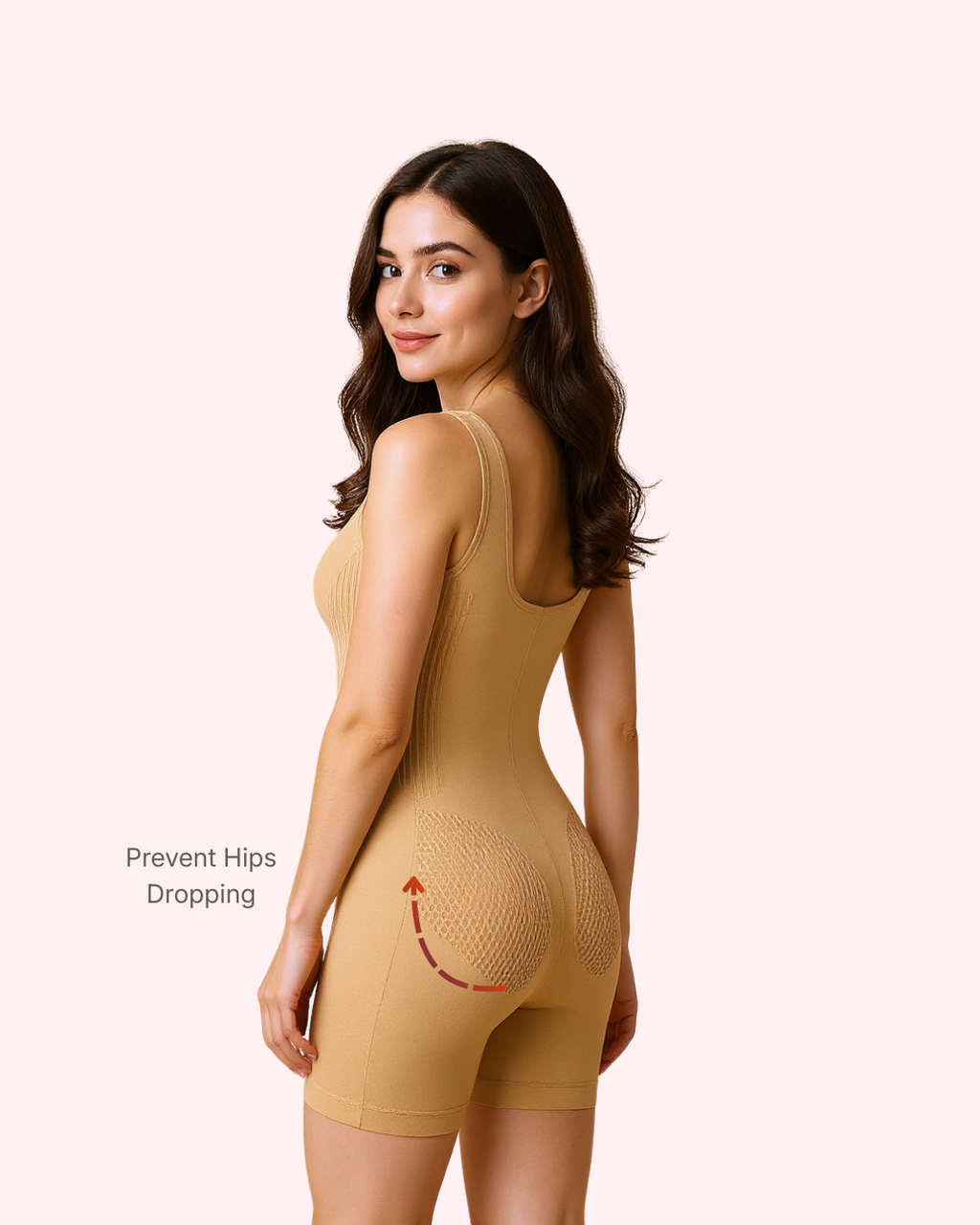 Lifted Hips, Smooth Silhouette ||| Targeted knit panels cup and lift the hips to prevent sagging while keeping the waist and thighs sleek. The back view shows a naturally rounded, supported shape.