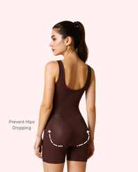 All-Over Hourglass Sculpt ||| Front view shows targeted knit panels hugging the waist, tummy, and thighs for a smooth, contoured shape. The scoop neckline keeps it flattering under every outfit.