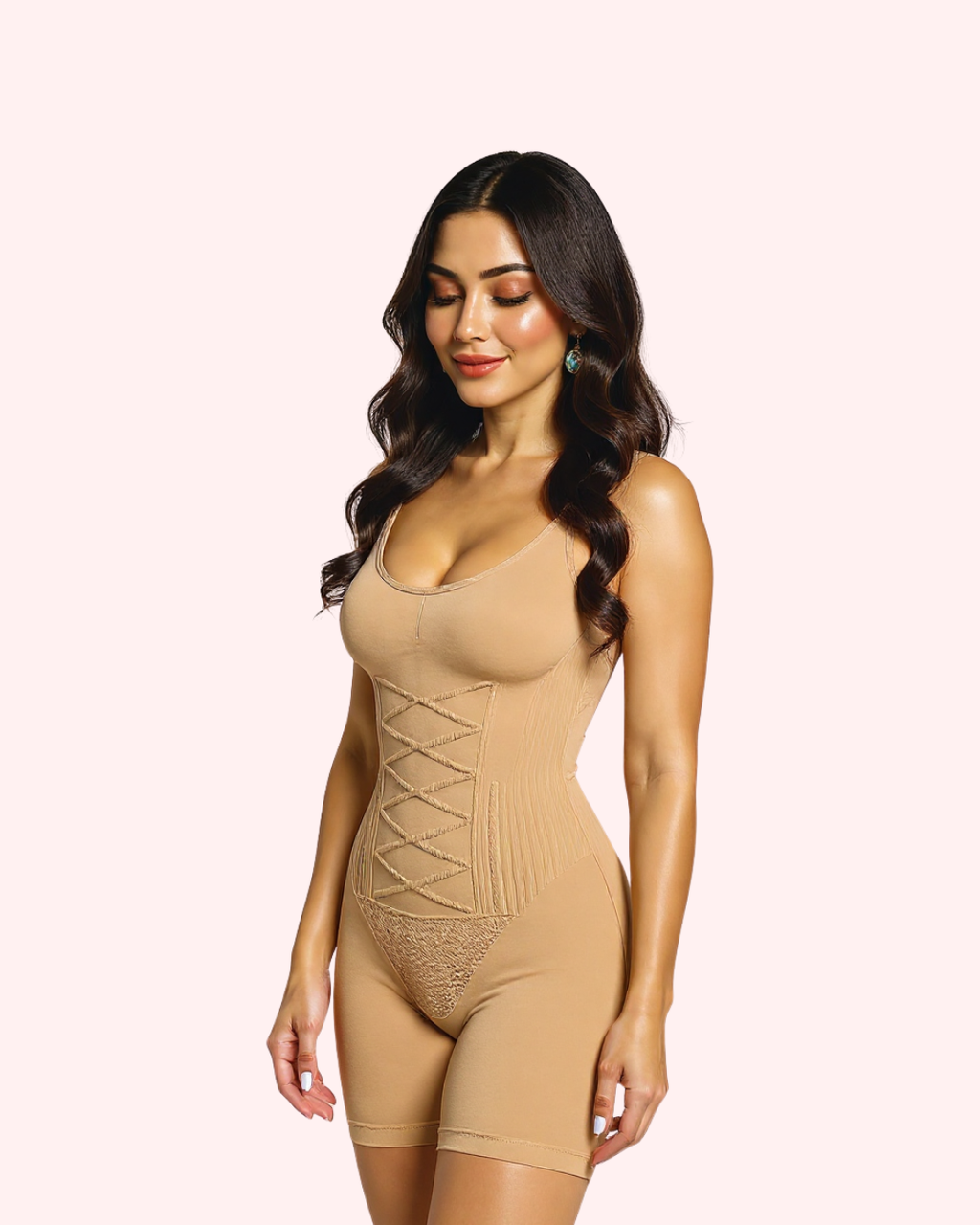 All-Over Hourglass Sculpt ||| Front view shows targeted knit panels hugging the waist, tummy, and thighs for a smooth, contoured shape. The scoop neckline keeps it flattering under every outfit.