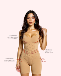 Full-Body Tummy Smoother ||| Mid-thigh bodysuit with a sculpting front panel and mesh zones that smooth tummy, waist and thighs in one piece.