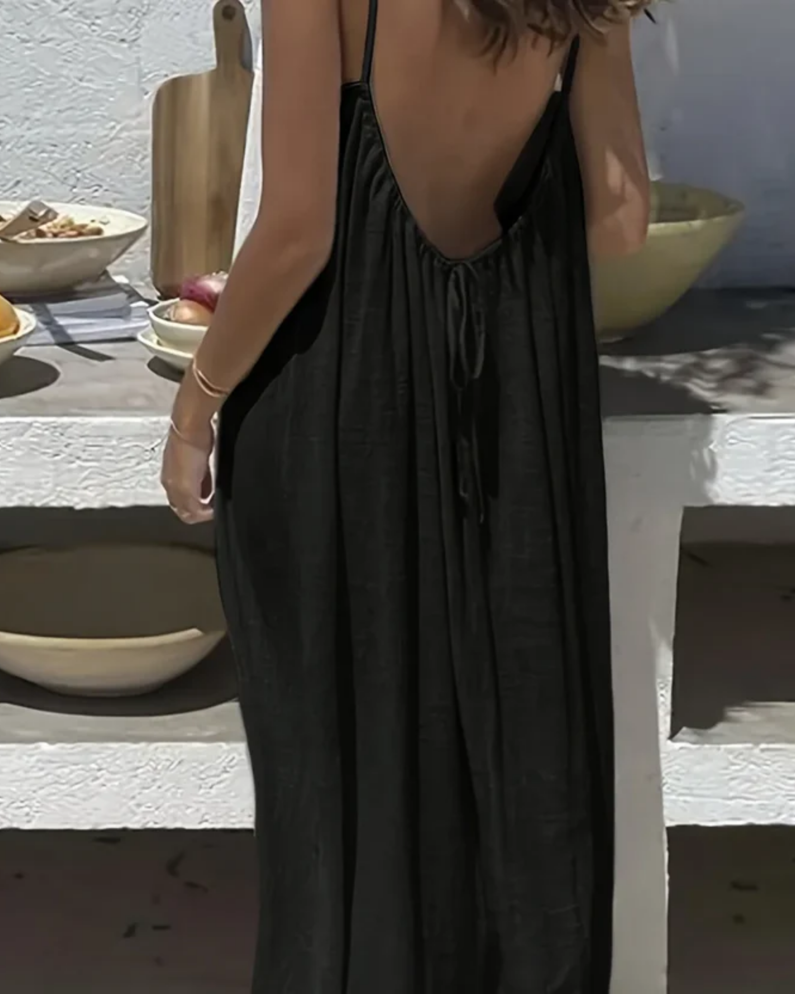 Amari Drape Backless Linen Maxi Dress - Kajal Black