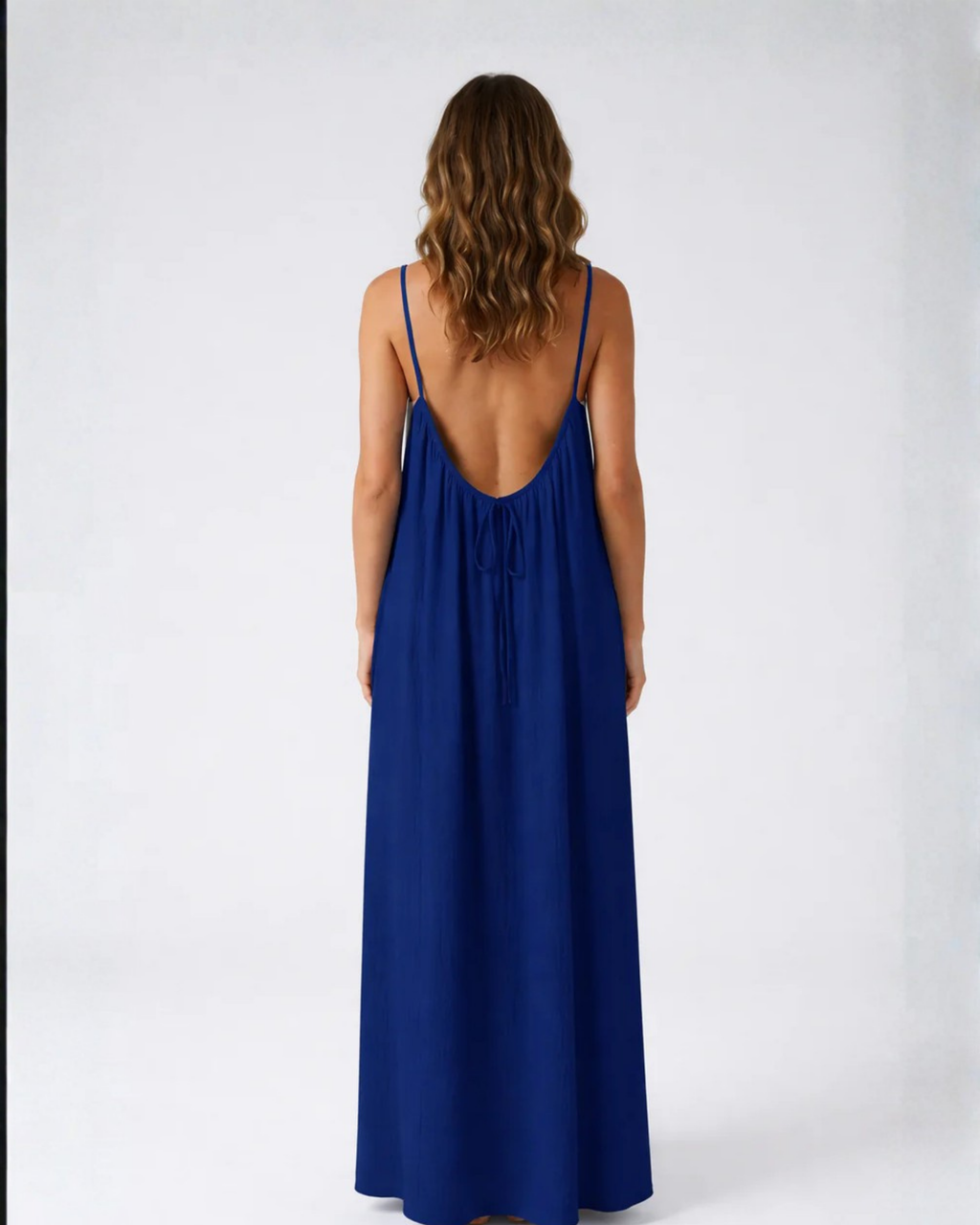 Amari Drape Backless Linen Maxi Dress - Neelam Blue