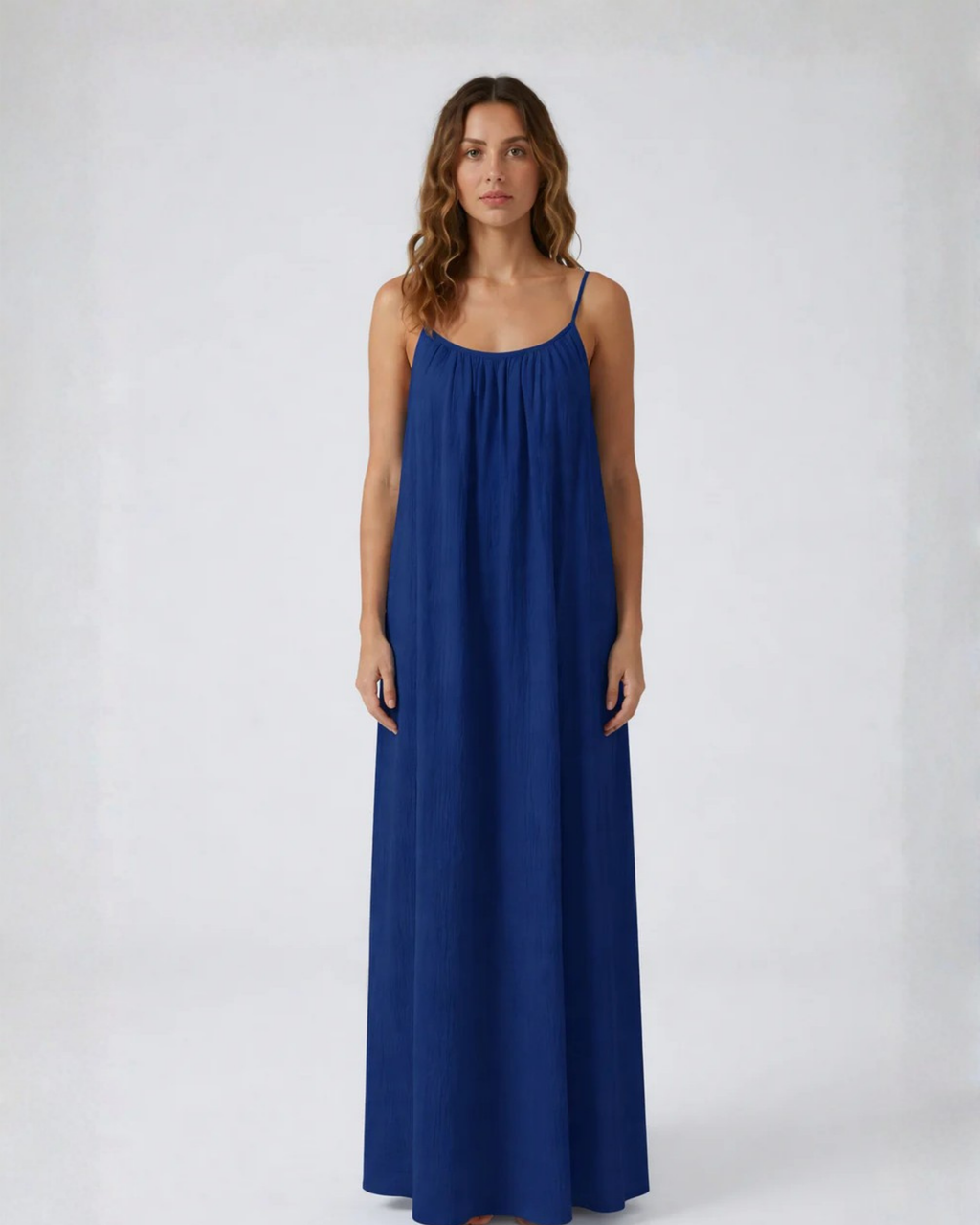 Amari Drape Backless Linen Maxi Dress - Neelam Blue