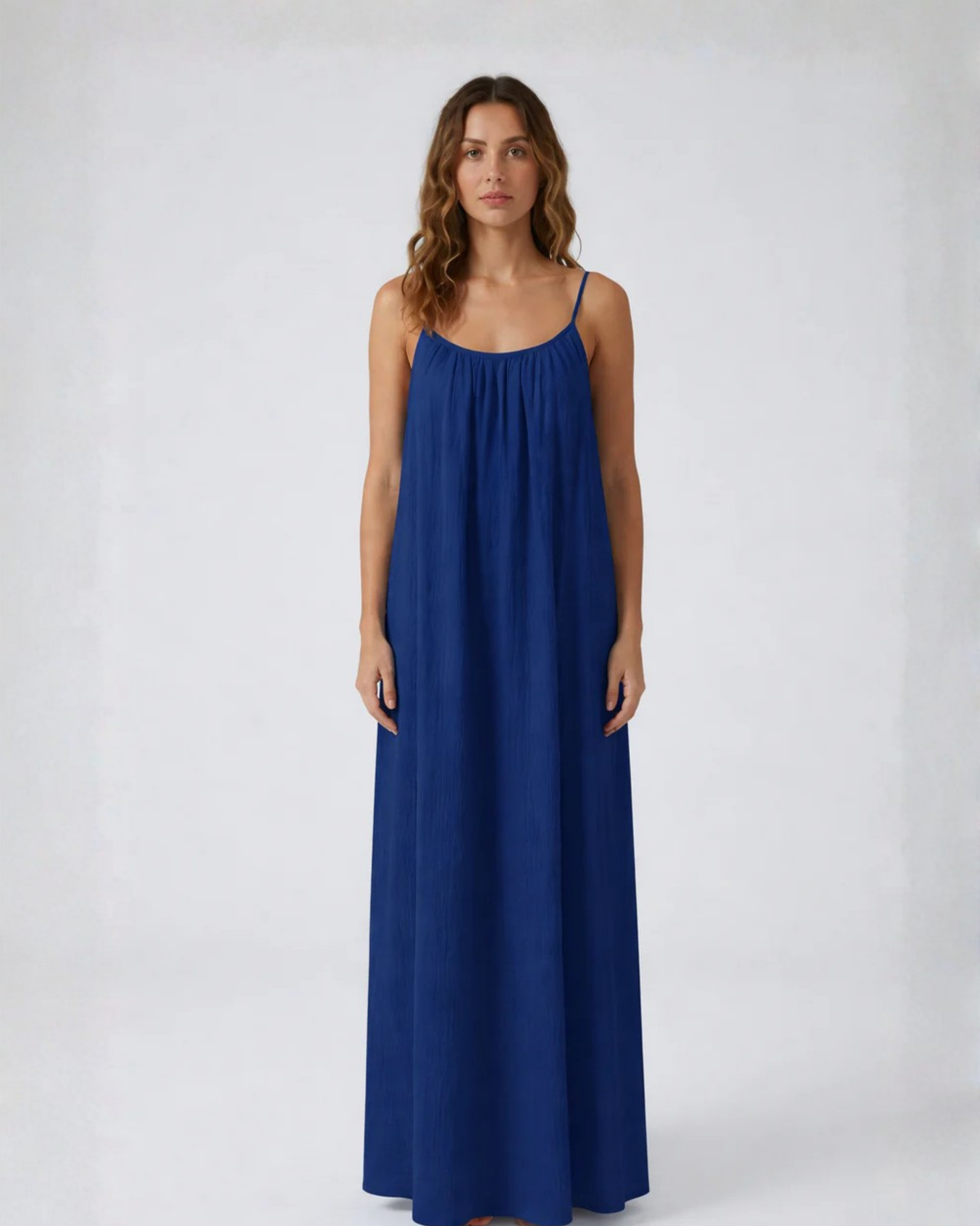Amari Drape Backless Linen Maxi Dress - Neelam Blue