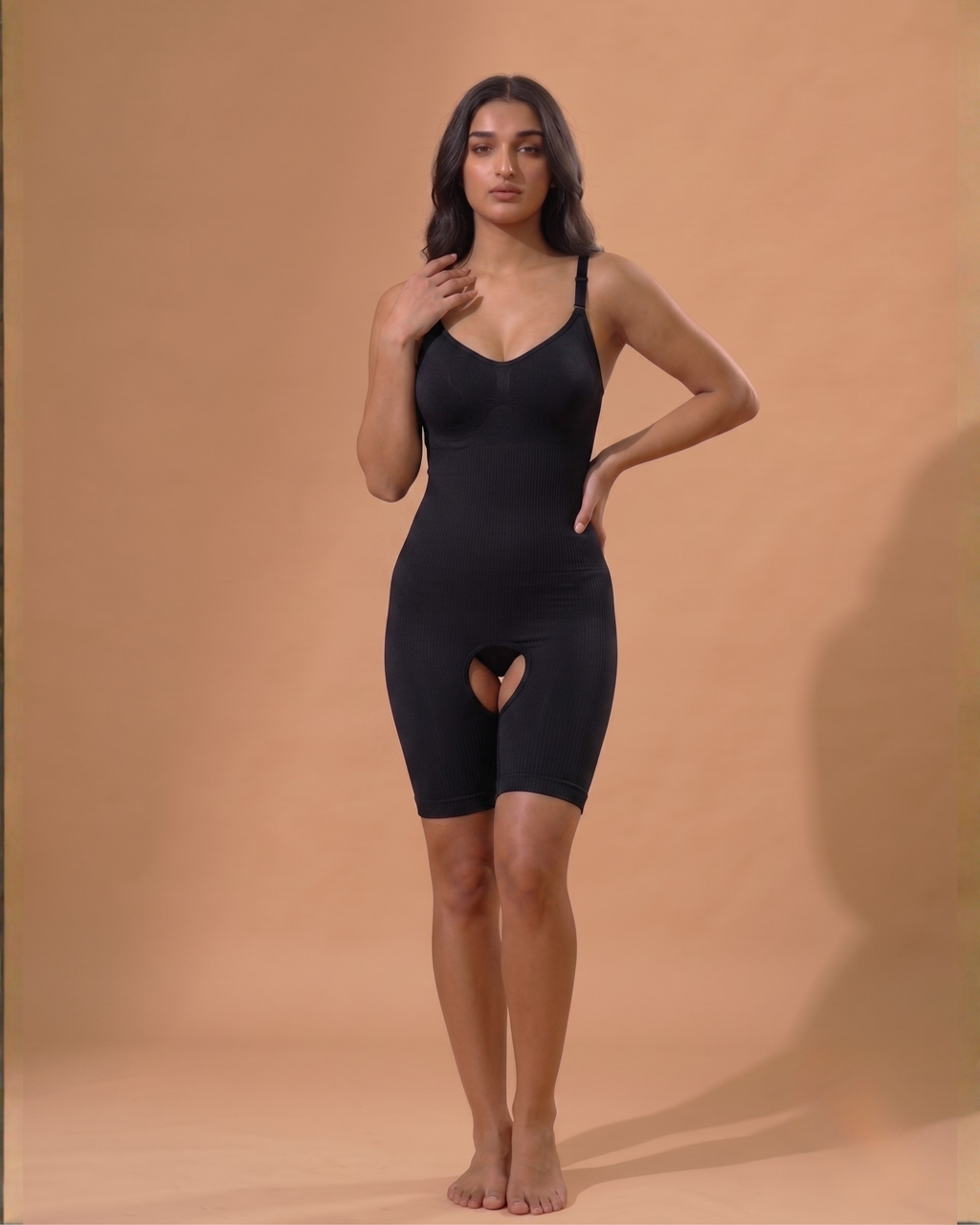 Curve-Flex Adjustable Strap Full Body Shaper Open Crotch Black