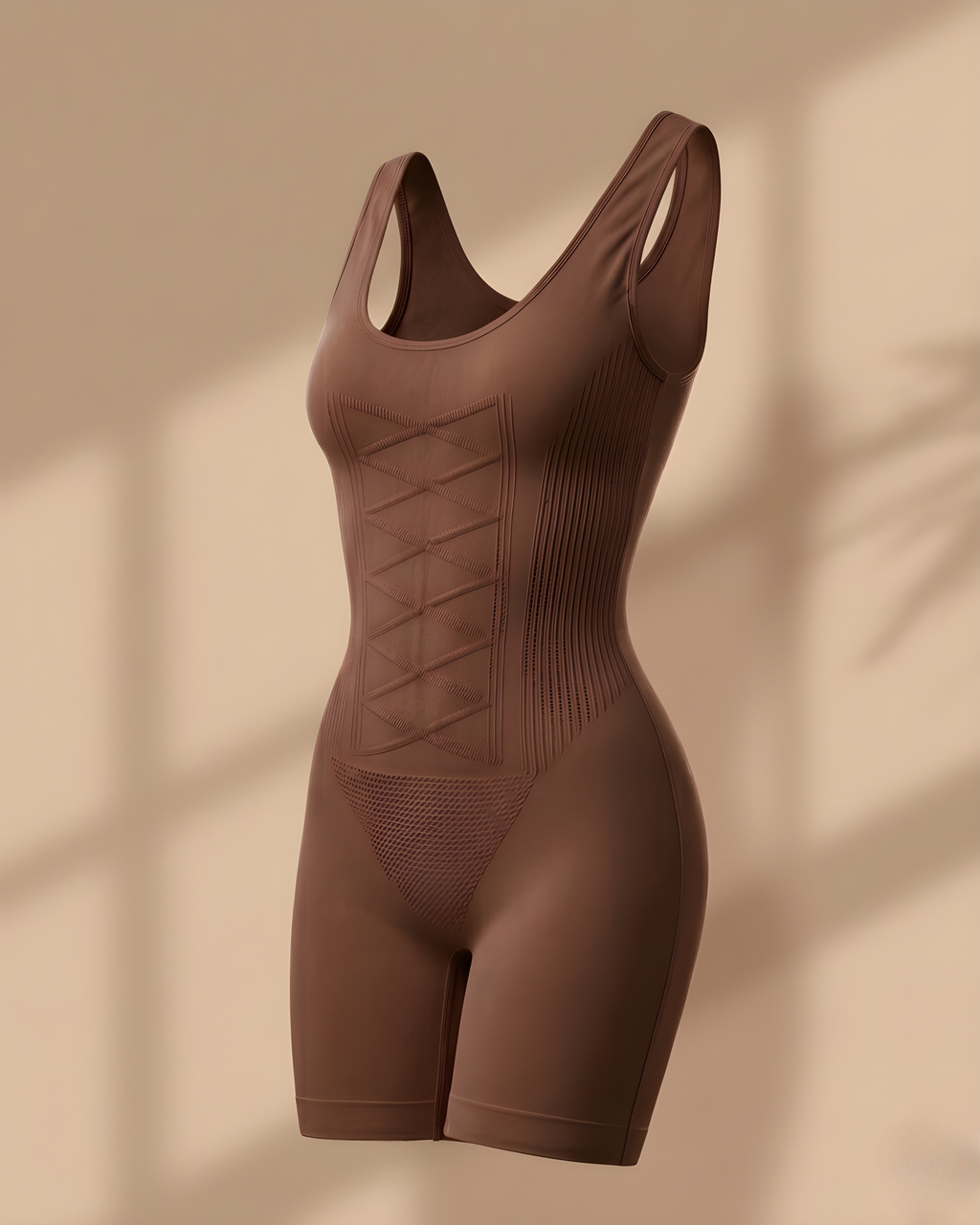 Omni-Flex Wide Strap Mid Thigh Full Body Shaper Brown